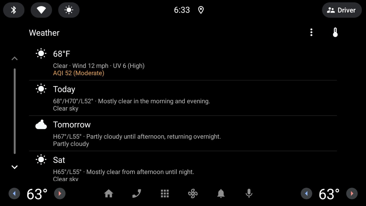 Dart Weather current conditions on a car display: temperature, forecast rows, and air quality