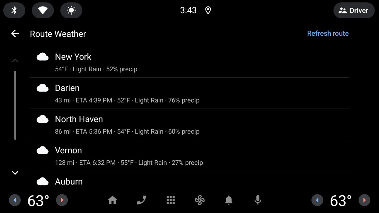Dart Weather route weather list on a car display: conditions at each waypoint along a drive